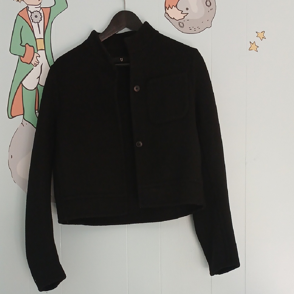 Uniqlo Black Blazer with Textured Wool-Blend and Stand-Up Collar